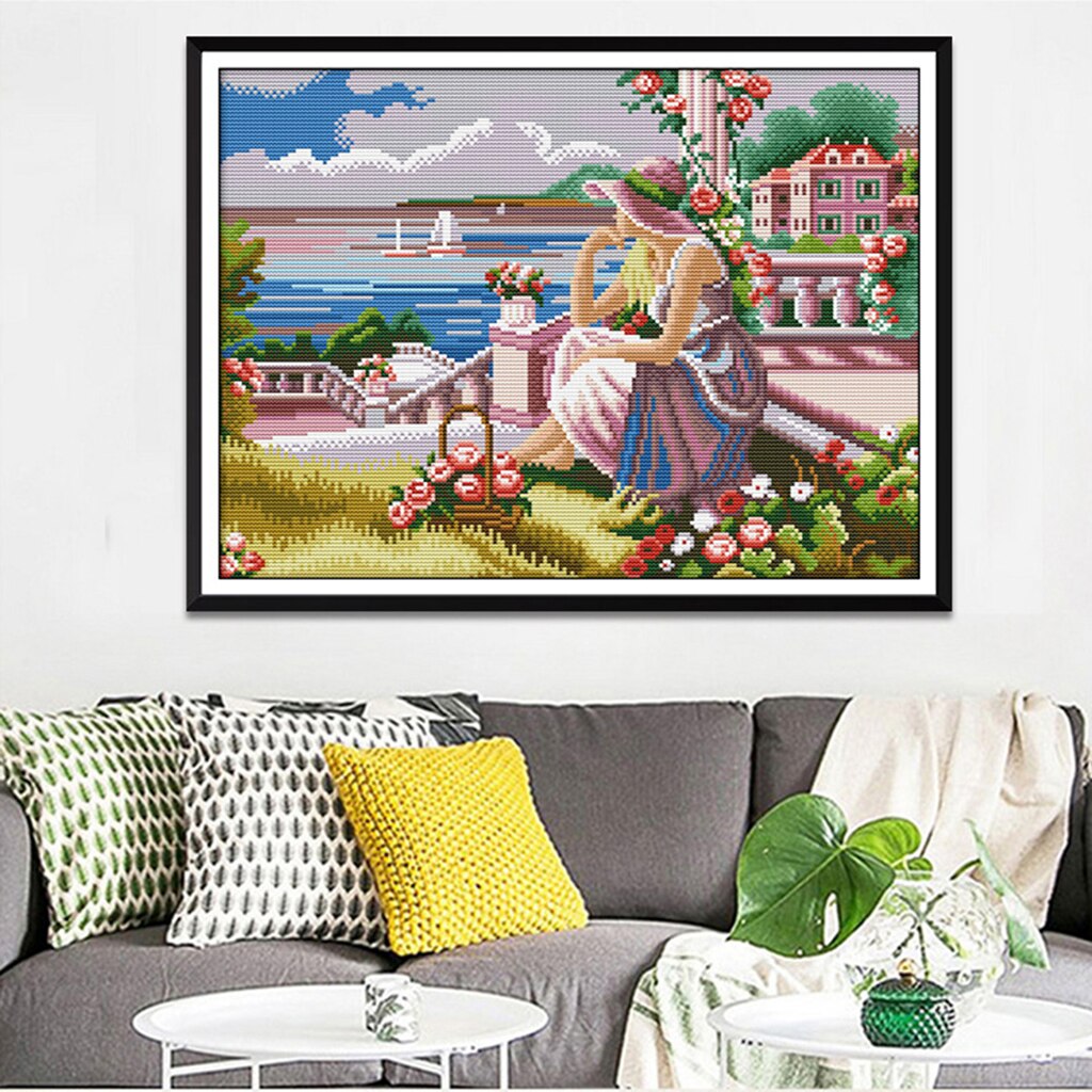 Flower &amp; Girl Stamped Cross Stitch Kit DIY Handmade Needlework for Beginners Kids Adults