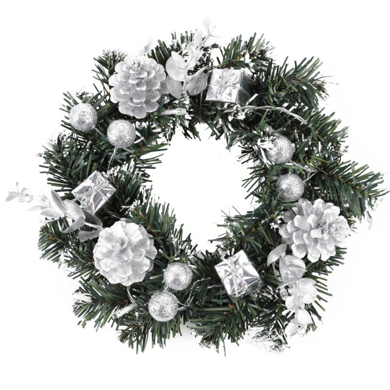Artificial Pine Cones Berries And Flowers Tree Christmas Wreath Hanging Ornaments LED Flowers Door Decoration: Silver / 40cm
