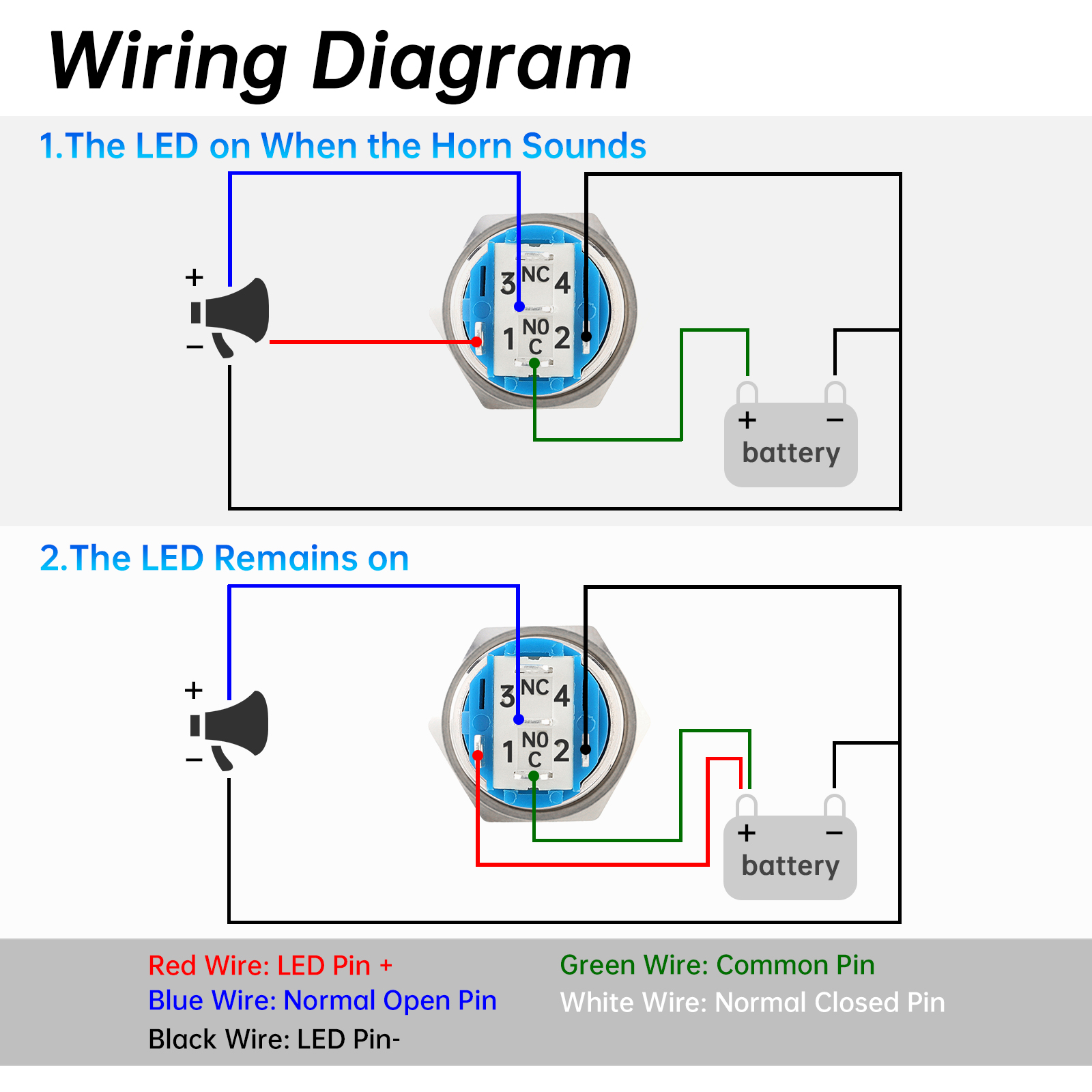 Interruptor de botón momentáneo con luz LED azul de 16mm y 12V para automóvil con arnés de enchufe trasero, interruptor de botón de bocina de altavoz de 5 pines