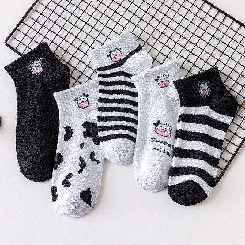 5 Pairs Cow Printed Socks Cute Harajuku Cotton Women Socks Striped Solid Breathable Casual Girls Short Socks: cow short