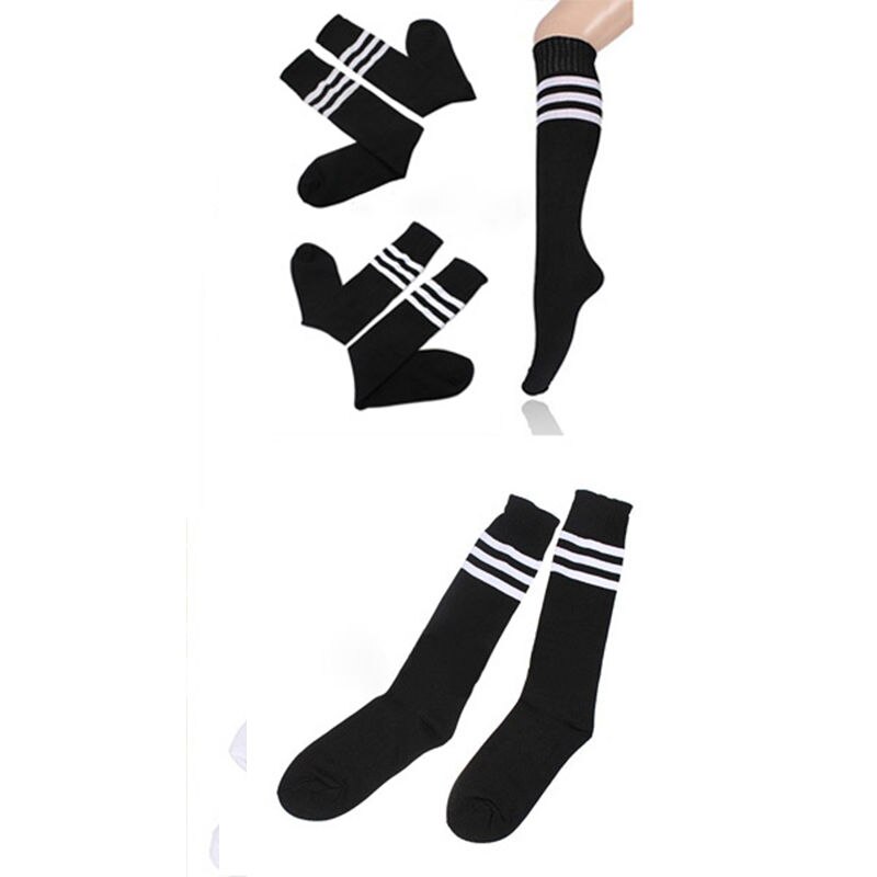 Chaussettes hautes au dessus du genou pour filles et femmes, longues et rayées, Sexy, pom-pom girl,: Black