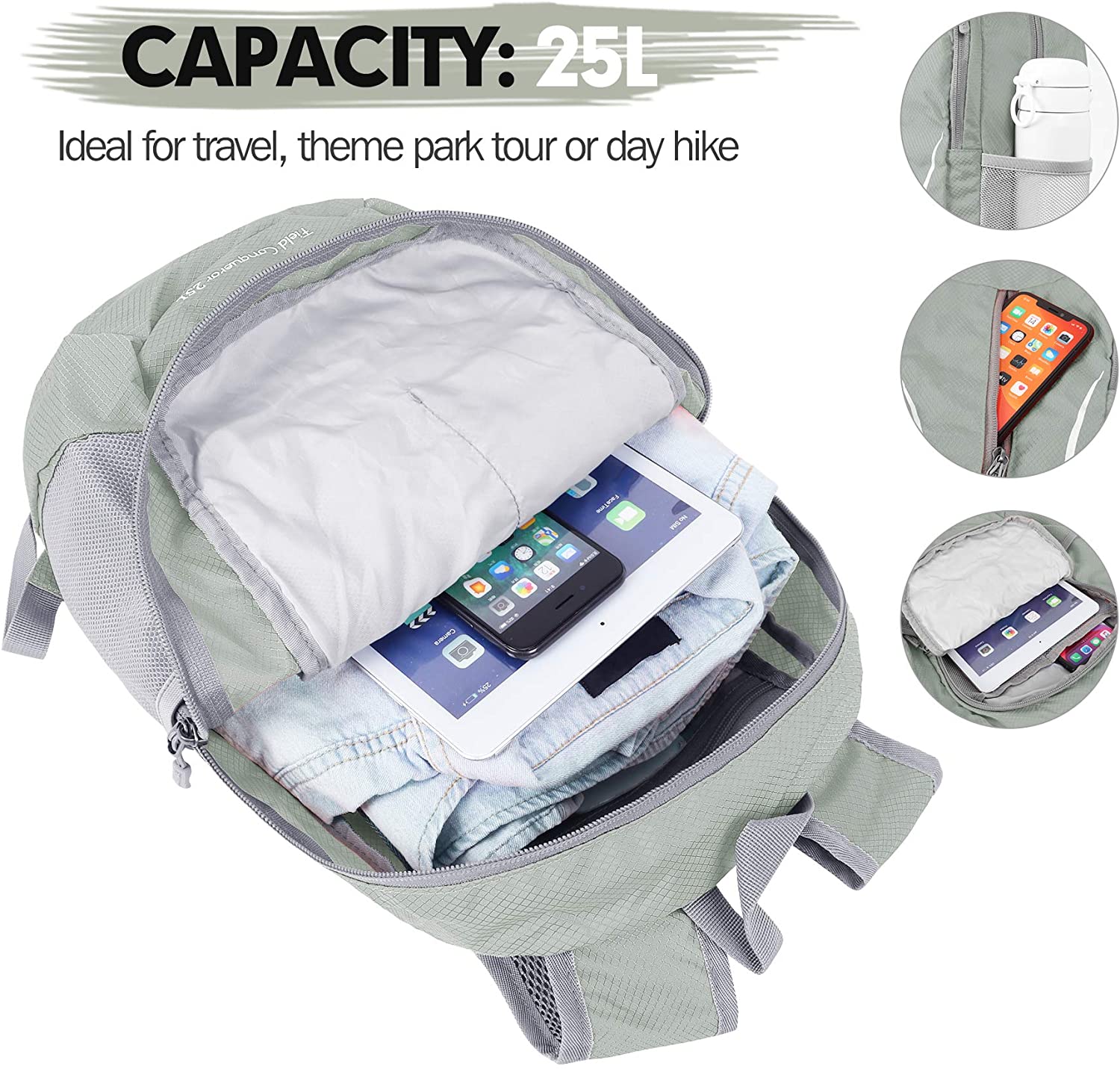 25L Small Water Resistant Rucksack Foldable Travel Daysack for Men Women Outdoor Hiking
