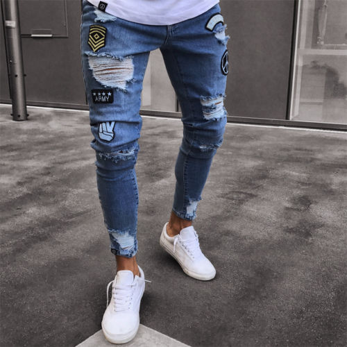 Nueva de Goocheer pantalones vaqueros ajustados rasgados de corte ajustado de mezclilla deshilachados rasgados ahuecados Jeans largos Boy Zone