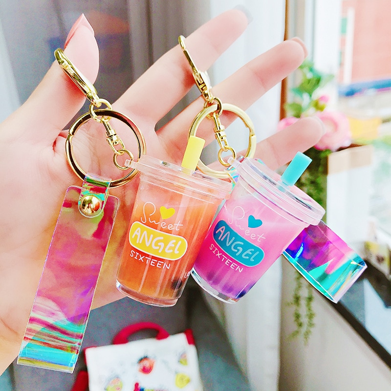 Mini Soft Drink Keychain Milk Tea Beverage Bubble Tea Keyring Moving Liquid oil Decompression Keyfob Jewelry