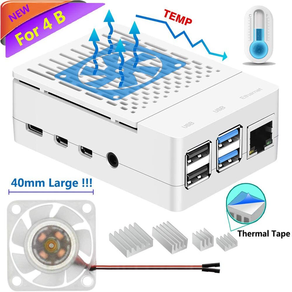 Iuniker raspberry pi 4 ventilador caso abs com dissipador de calor refrigeração 40mm ventilador silencioso simples removível capa superior para pi 4 modelo b/4b