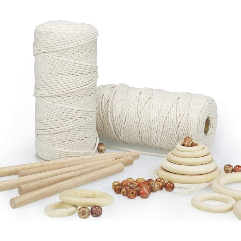 Macrame Cord Natural Cotton Rope 150Yard with Wood Ring Wood Stick for DIY Teether Macrame Kit Wall Hanging Plant Hanger