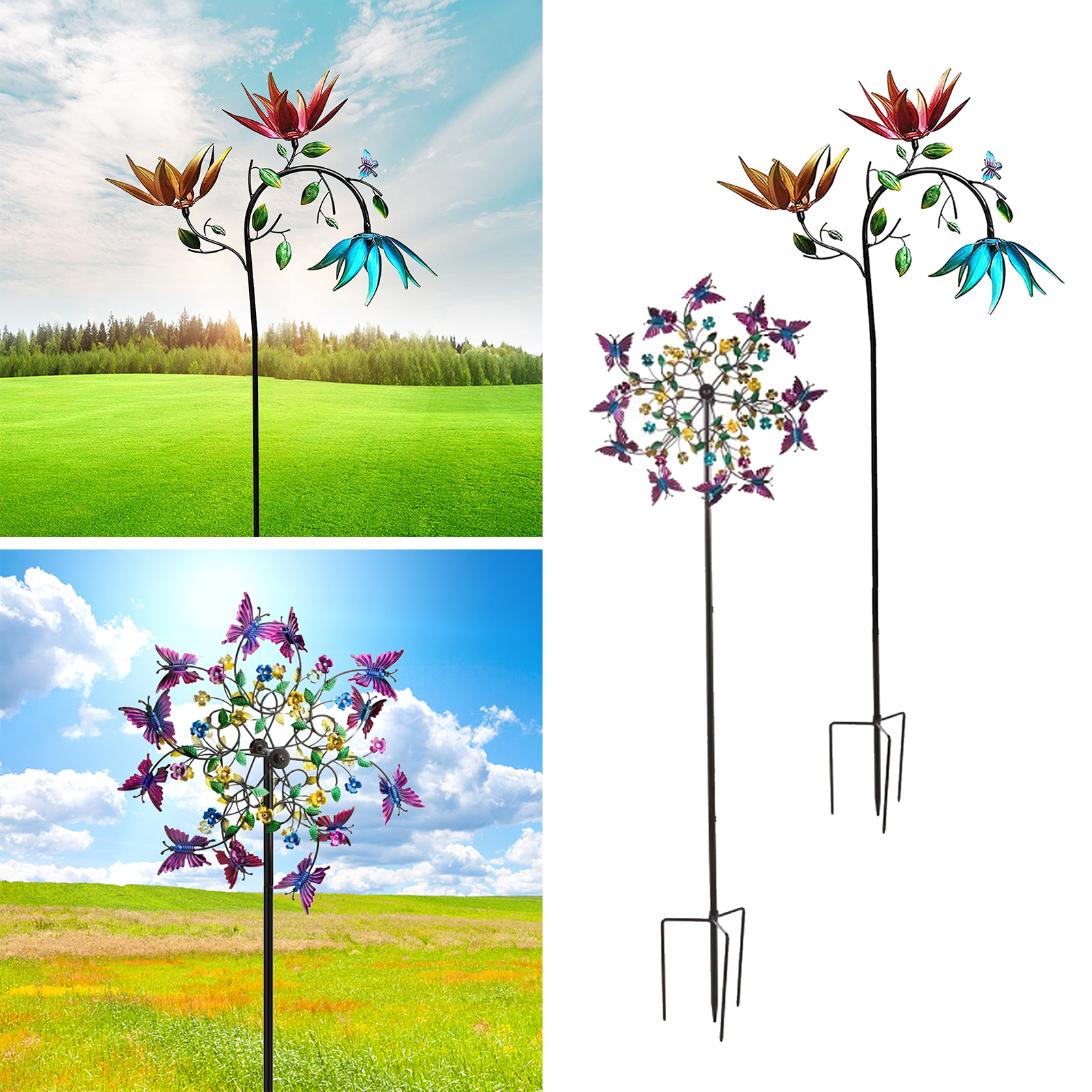 Metalen Windgong Op Zonne-energie – 95 Cm, Bloemdesign, Tuinstaander, Kleurrijk En Weerbestendig