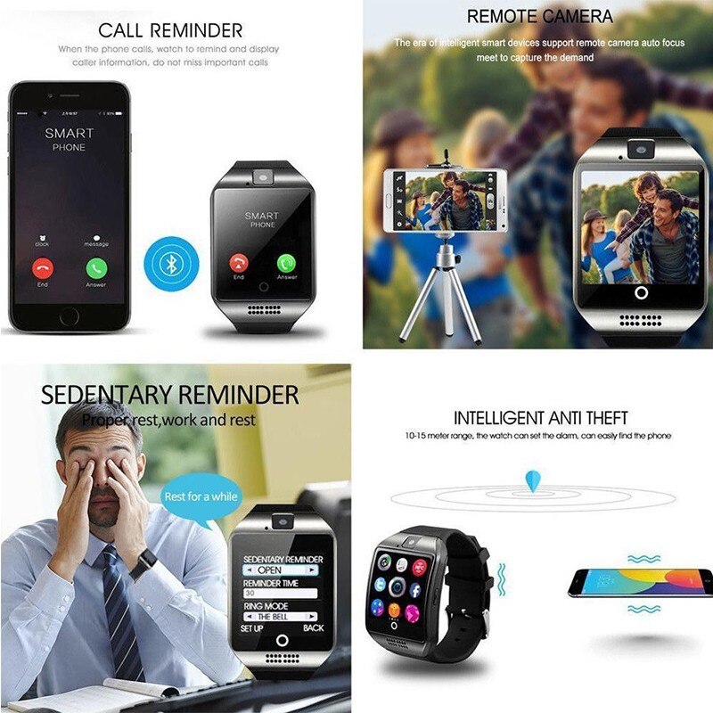 Bluetooth montre intelligente hommes Q18 avec caméra Facebook Whatsapp Twitter synchronisation SMS Smartwatch prise en charge de la carte SIM TF pour IOS Android