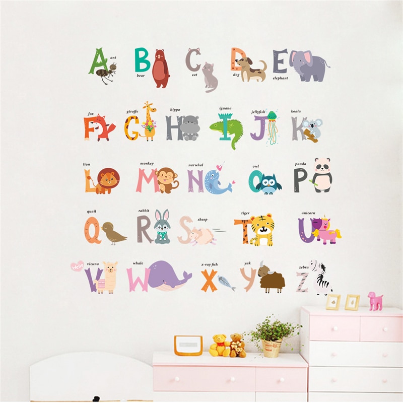Tegneserie dyr 26 abc alfabet ord væg klistermærker soveværelse børnehave hjem indretning pvc vægoverføringsbilleder diy vægmaleri kunst