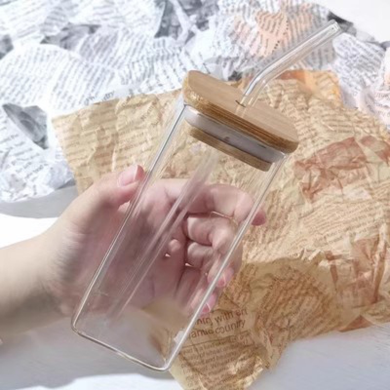 1pc kvadratisk glasmugg med lock och sugrör, transparent dricksglas för iskaffe, mjölk, öl, för kök och matsal: Orange