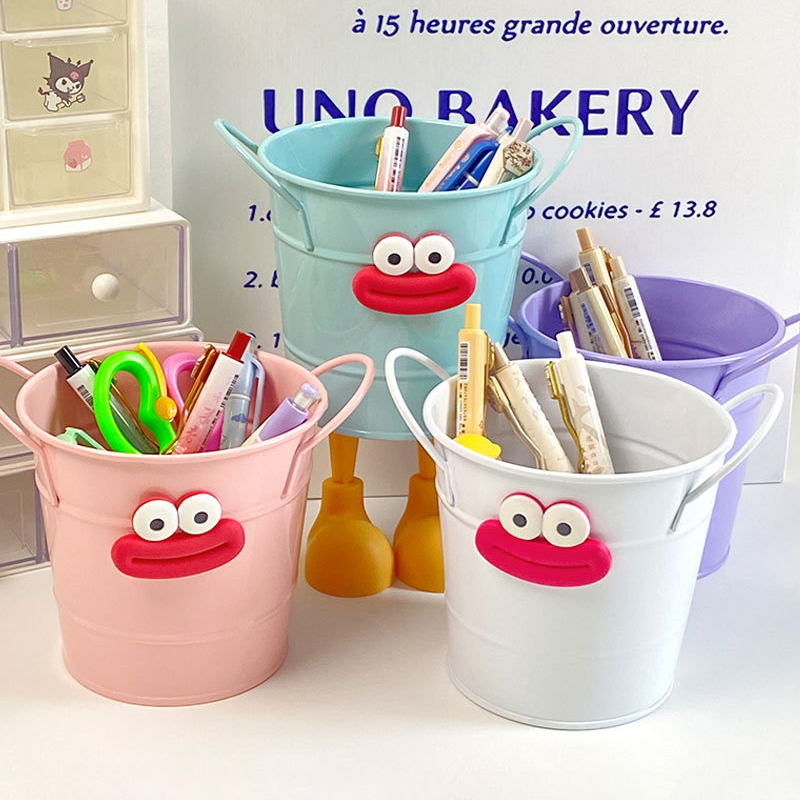 Iron Bucket Box Big Mouth Large Capacity Iron Pen Holder Desktop Flower Pot Arrangement Dormitory Miscellaneous Storage Box
