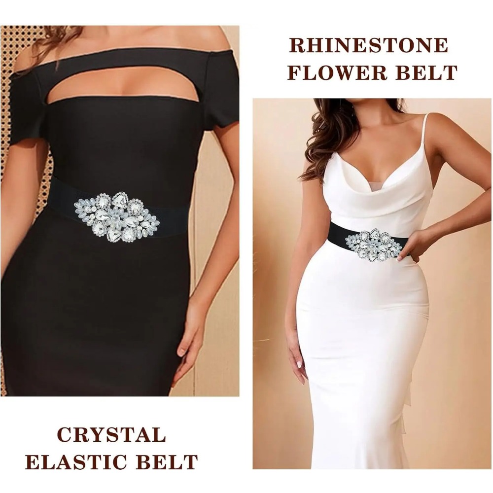 Cintura elastica con strass cintura elasticizzata da donna nera accessori per gioielli in vita con fiori di cristallo larghi per ragazze d'oro per il vestito