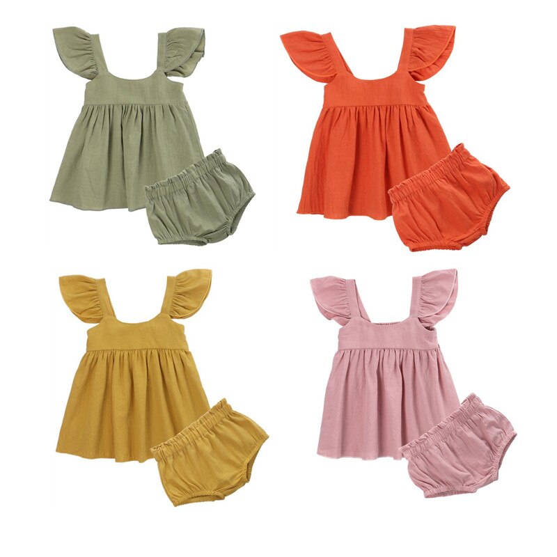 Peuter baby zomerkleding katoenen outfit ruches mouwloos gulpmouw mini-jurkje top + elastische taille shorts voor babymeisje 0-24m