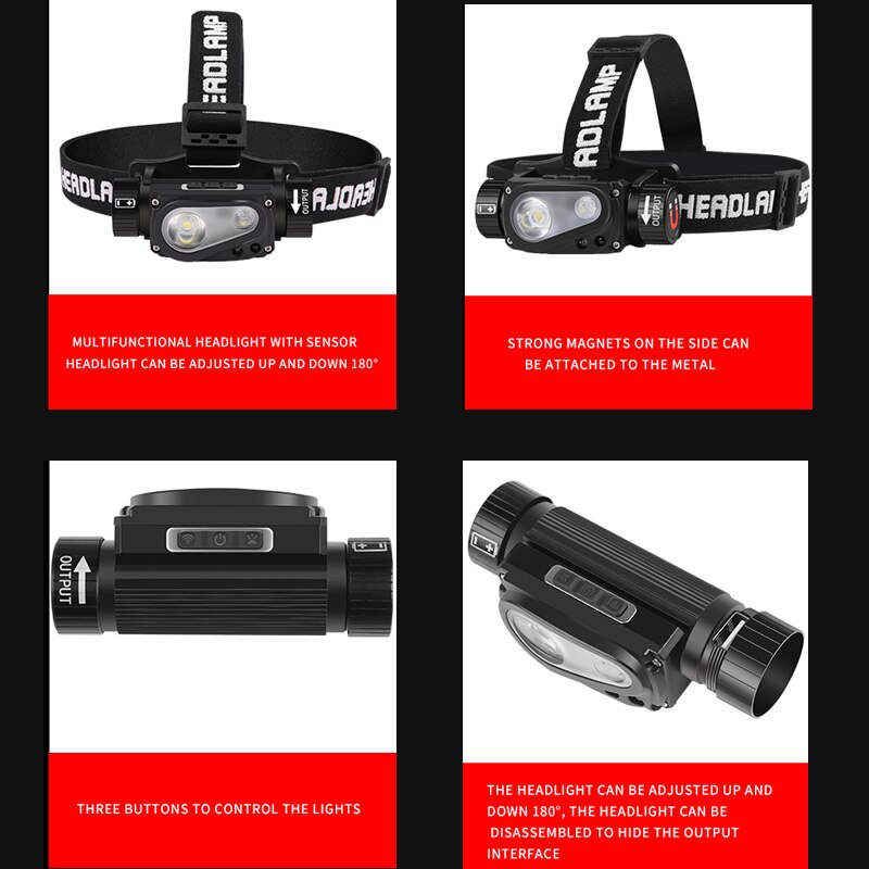 XHP50 LED Scheinwerfer Sensor Scheinwerfer Taschenlampe 18650 USB Aufladbare draussen Kopf Lampe Taschenlampe 10 Beleuchtung Modi Arbeit Licht