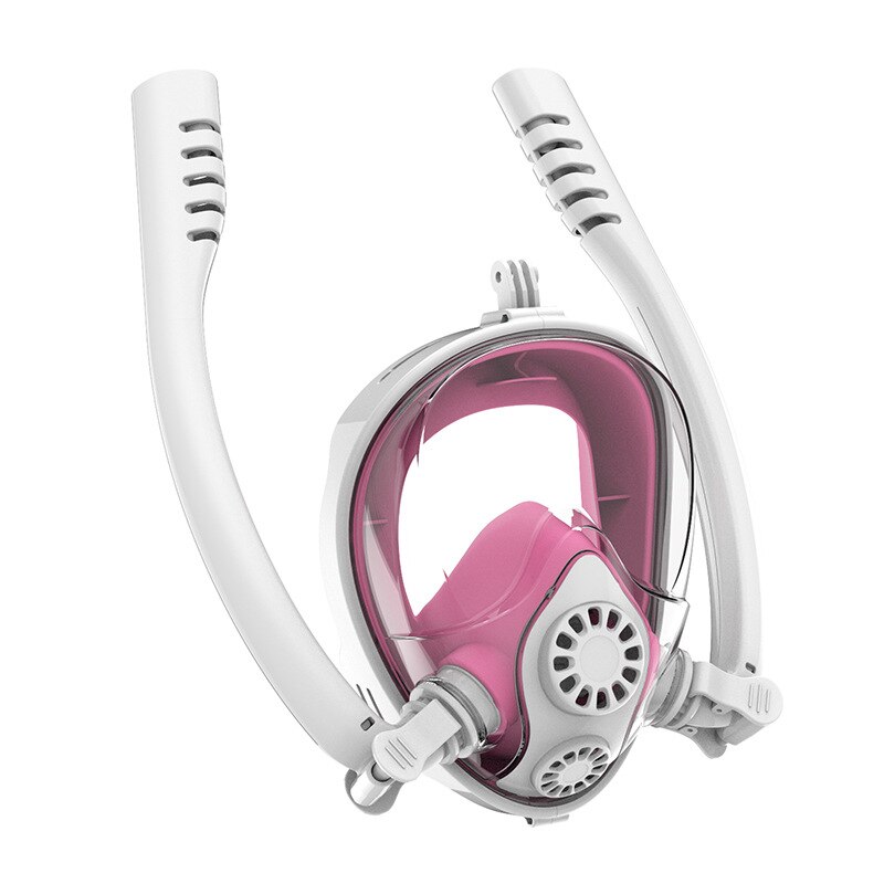 Anti-condens zwemmasker voor volwassenen, dubbele ademhalingsbuis, siliconen snorkelmaskers, duikbril met camerabevestiging: Wit roze / S/m