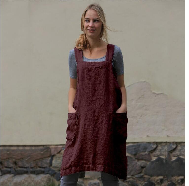Delantales de lino y algodón de estilo japonés, vendaje cruzado sólido en forma de X para la espalda, cocina, restaurante, delantal de cocina, ropa, Herramientas de limpieza para mujer