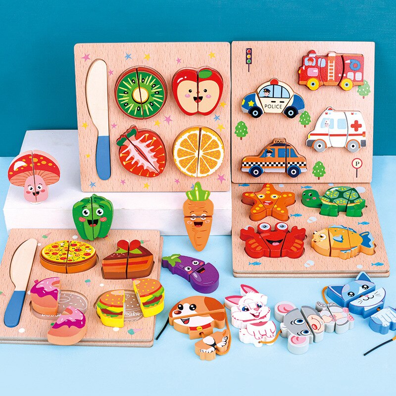 Baby toy wooden cutting of fruit and vegetables dessert puzzle kitchen toy children pretend play cooking educational toy girl
