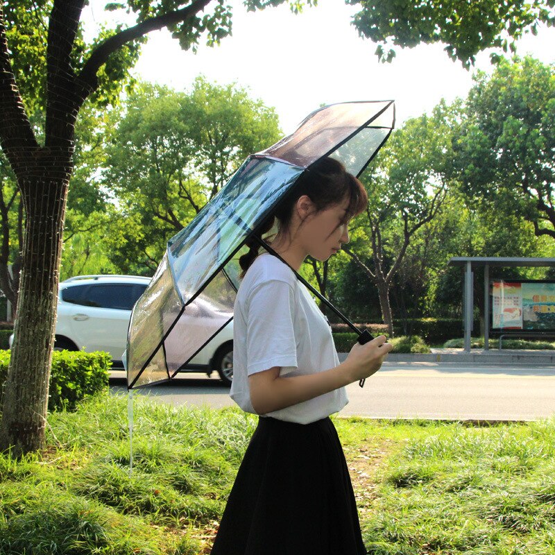 Transparent Plasstic Three Fold Women Rain Umbrella Automatic Rainbow Umbrellas For Girls Kids Outdoor Hiking Windproof Parosal
