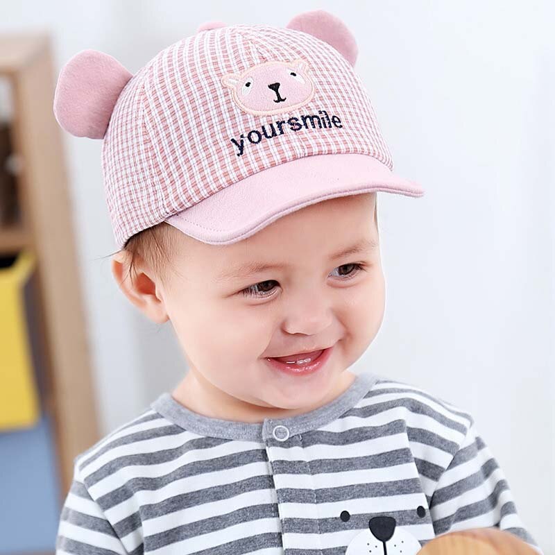 Cute Cartoon Baby Cap With Ears Summer Newborn Adjustable Baseball Cap Cotton Baby Girl Boy Hat Plaid Toddler Kids Sun Hat