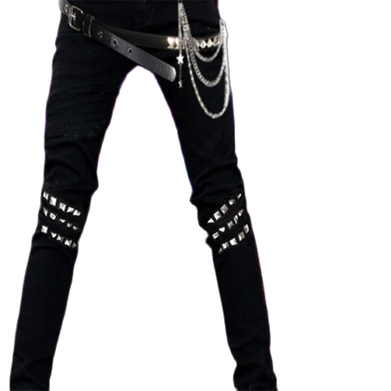 Mens Punk hip hop Black Jeans Lap Hip Rivet Slim Fit Biker Denim Pants Boys Singer Stage Ripped Skinny Jeans With Belts &amp; Chains