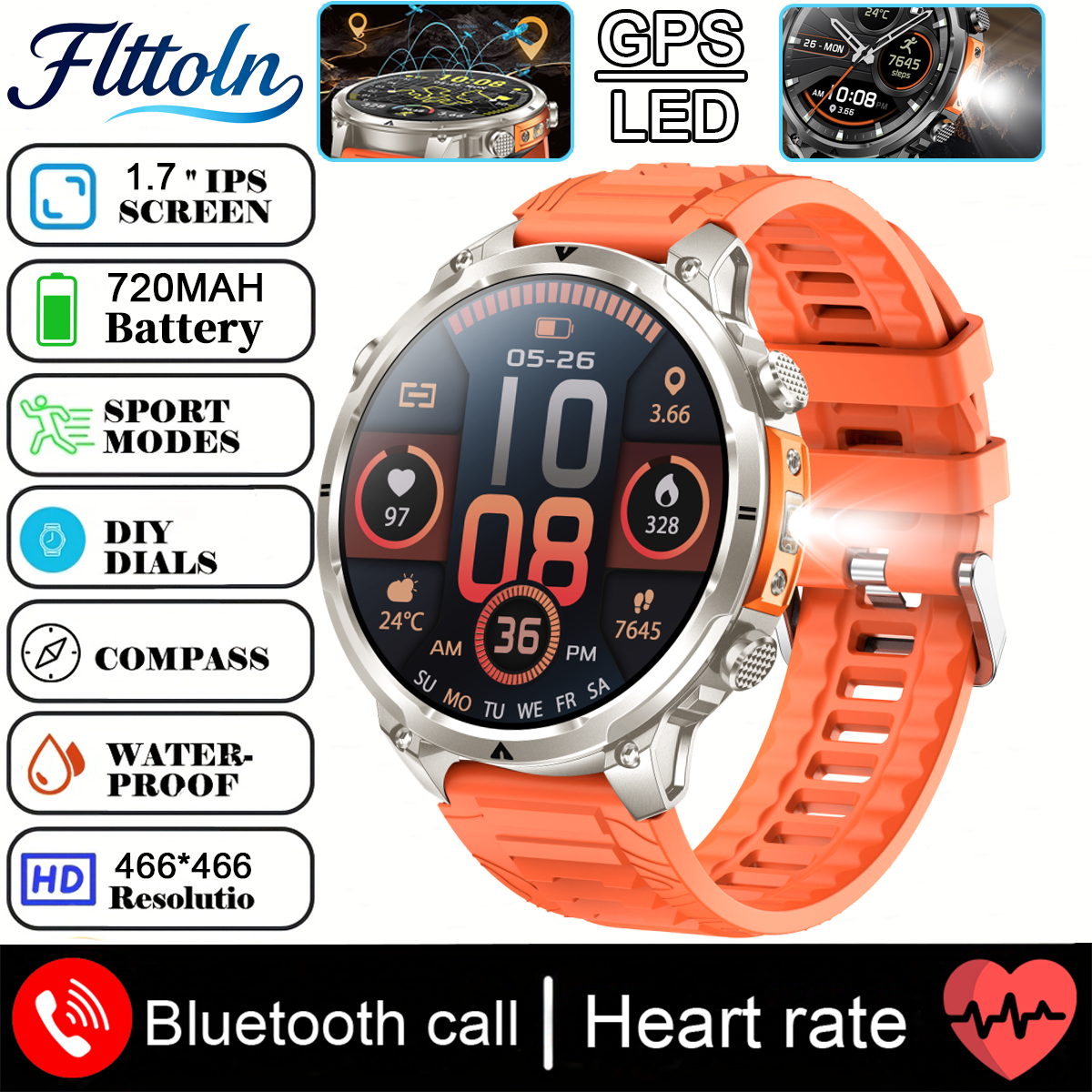 2025 Nuovo Militare GPS Astuto Della Vigilanza 3ATM Impermeabile 650mAh Batteria BT Chiamata Frequenza Cardiaca Pressione Sanguigna Sport tracker Smartwatch Da Uomo: Blu