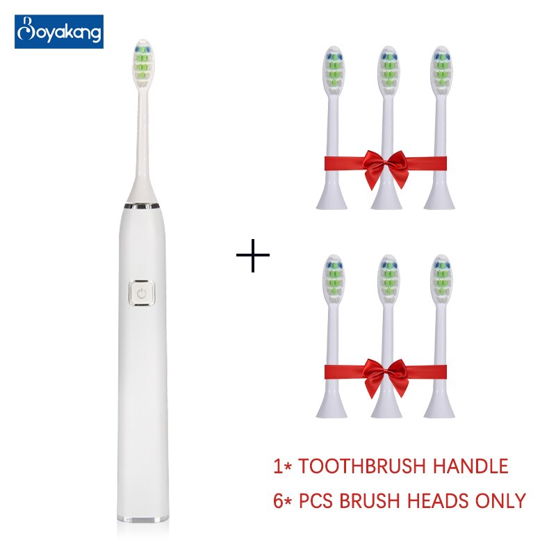 Boyankang Sonic Rechargeable Electric Toothbrush IPX7 Waterproof Inductive Charging 6 Replaceable Heads Dupont Bristles BYK33: white