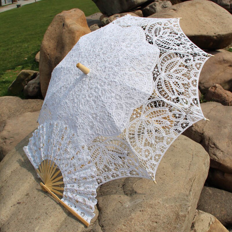19 eeuw Populaire Steampunk Stijl Handgemaakte Battenburg Kanten Parasol Kant Fan Set Bruiloft Paraplu: A0104 white