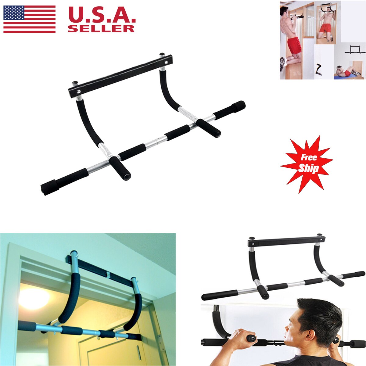 Upper Body Workout Bar Multi-Grip Lite Chin-Up Pull-Up Bar Heavy Duty Doorway Trainer for Home and Gym (Black)