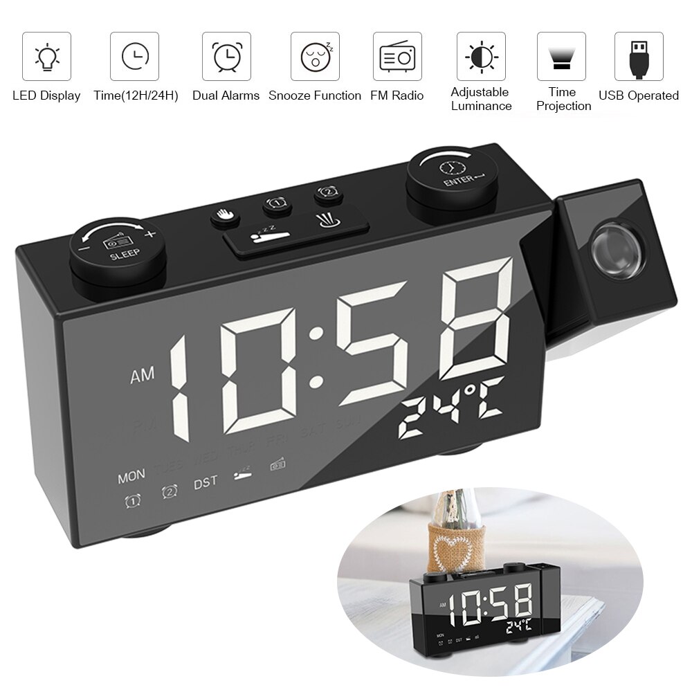 Projektionsklocka digital väckarklocka med snooze funktion termometer fm radio usb/batterier elbord led klocka 180 °roterande