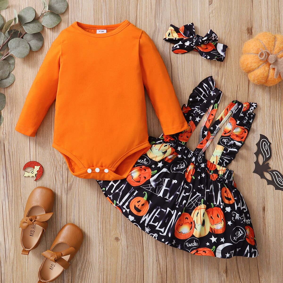 Patpat 2 Stuks Halloween Stijl Pompoen Print Lange Mouwen Oranje Baby Set