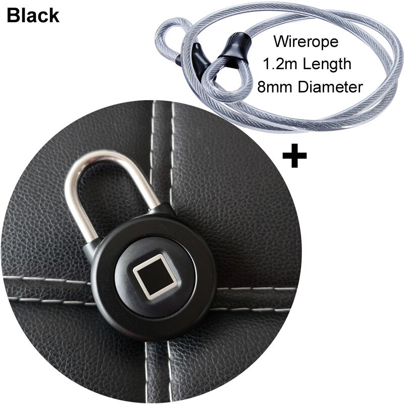 Smart Bluetooth Padlock Fingerprint and Phone APP Unlock Waterproof IP66 Security Door Lock For Luggage/Cabinet/Drawer/Bike M3: Black add Wirerope