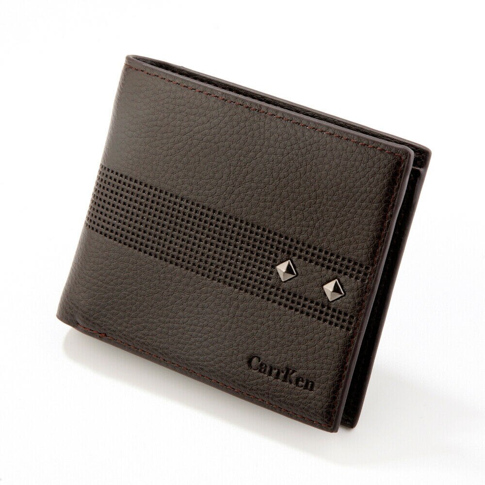 Men's classic bi-fold wallet solid color rivet purse slim hand card holder: Coffee