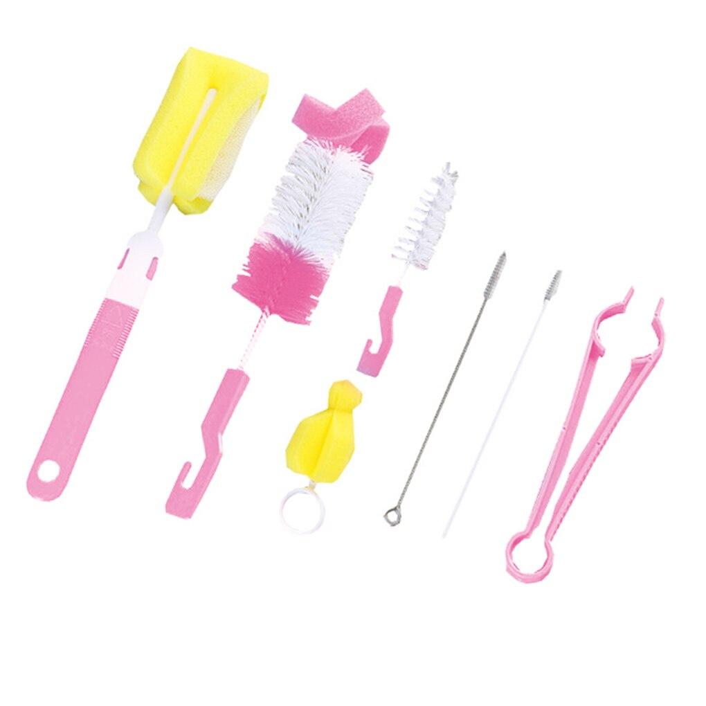 ! 7 pièces ensemble de brosses de biberon éponge nettoyage tasse brosses bouteilles pour bébés Kit de nettoyage de Tube anti-rayures: pink