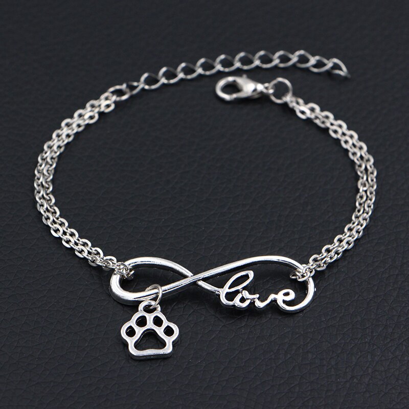 Pulseras de dijes con estampado de pata de perro pequeño para mujer, joyería de hecha a mano, Color plata antigua, bricolaje, amor infinito: Infinity Love