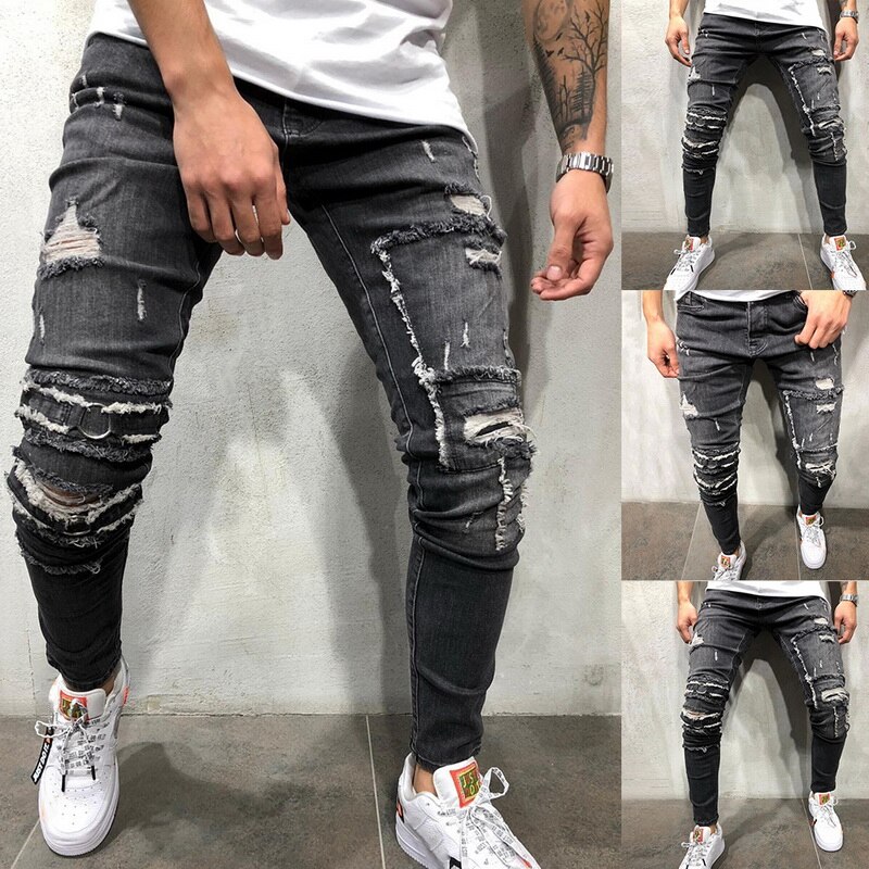 Slim fit tætsiddende jeans med huller mænd hombre skinny jeans numse denim pencil bukser plus size efterårsbukser herre