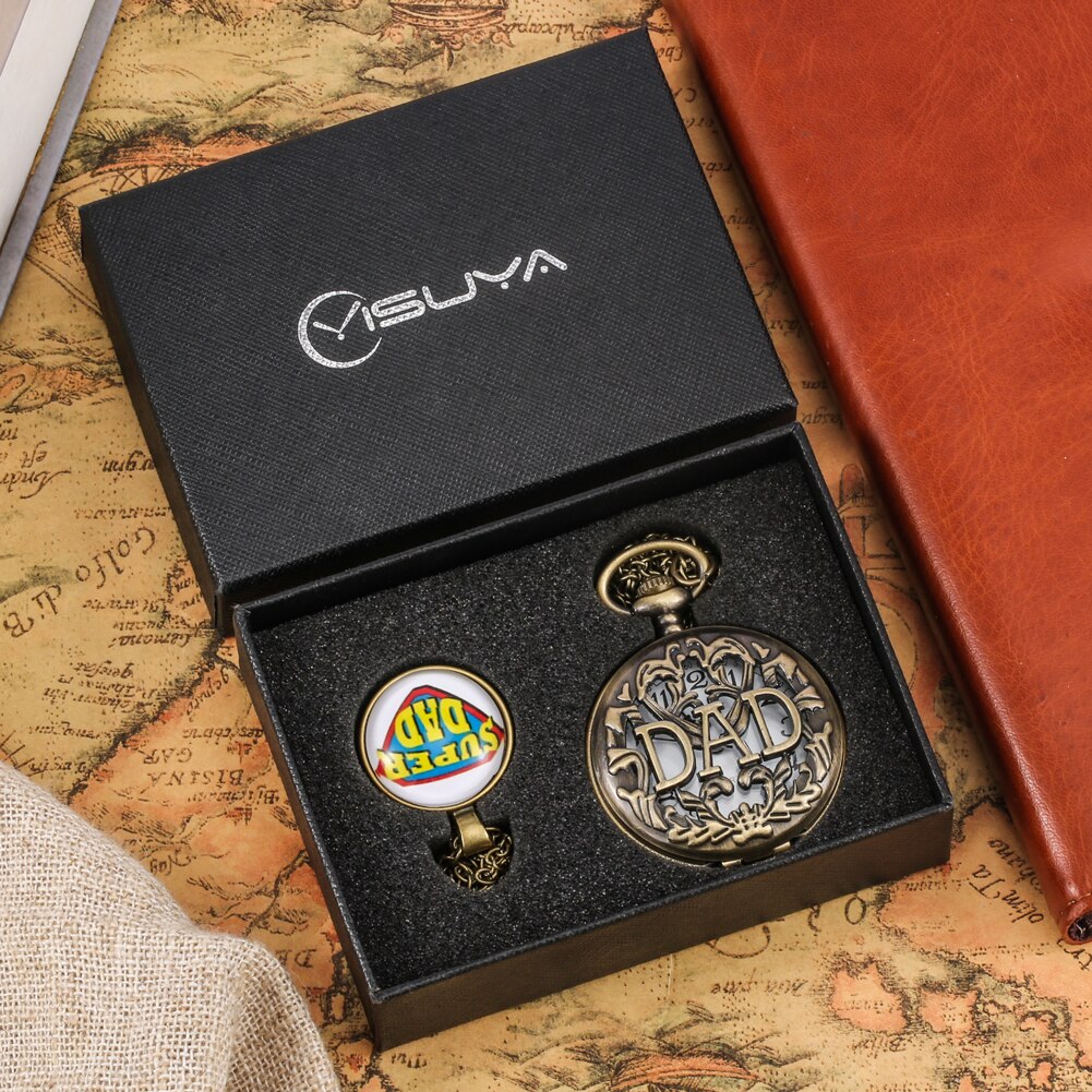 Vaders Dag Quartz Zakhorloge Hollow Gesneden Dad Zakhorloge Retro Creatieve Hanger Klok Ketting Ketting Super Dad