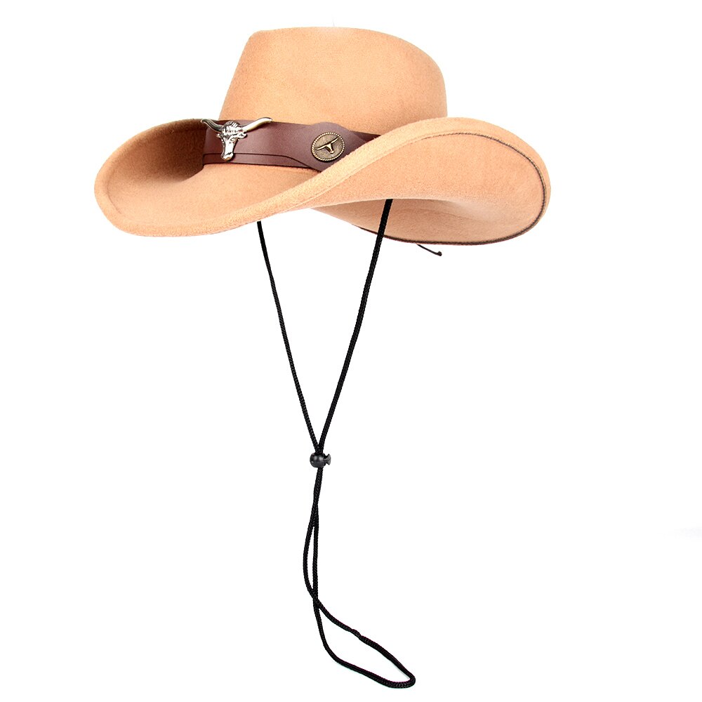 Cappello da cowboy occidentale da donna in lana da uomo con cappello da cowgirl jazz a tesa arrotolata con cintura a testa di toro cappello da sombrero fedora Chiesa: Khkai