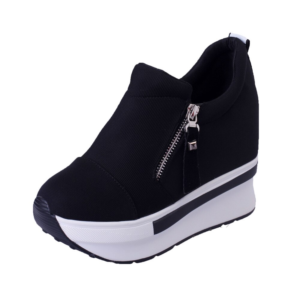 Baskets en toile pour femmes, chaussures vulcanisées à fermeture éclair, semelles épaisses, de marche, Cool, à la ,: Black / 38