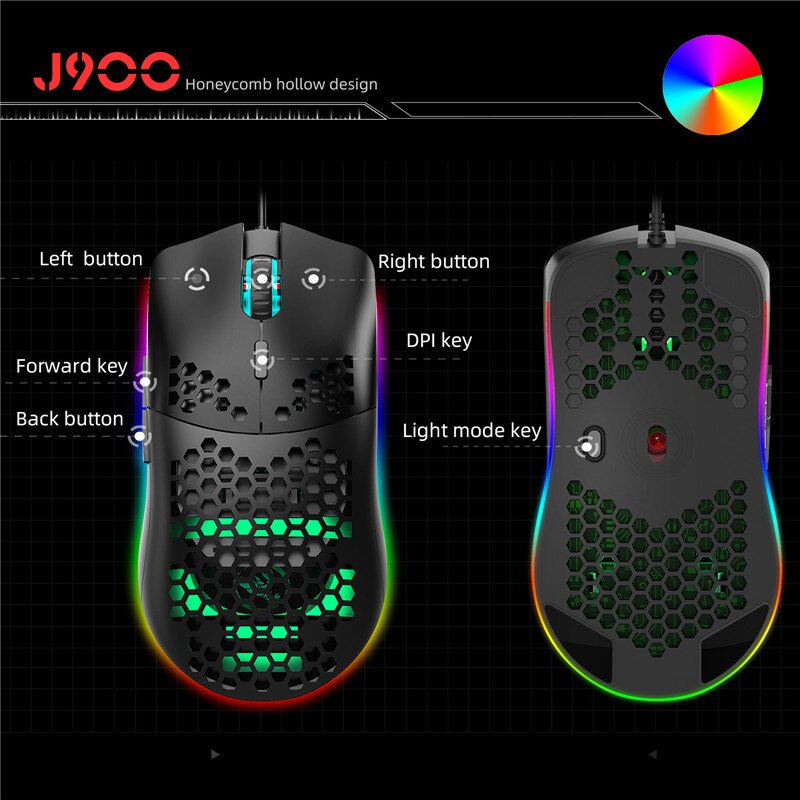 Mouse da gioco cablato USB leggero di fascia alta Mouse RGB 6 DPI regolabile a nido d'ape cavo ergonomico per Computer portatile bianco nero