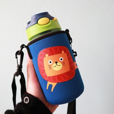 Bouteille d'eau en verre avec animaux pour enfants, avec sangle de sac en paille, couvercle supérieur verrouillable, anti-fuite, sans BPA, pour garçons, voyage randonnée, 500ml: Lion with bag