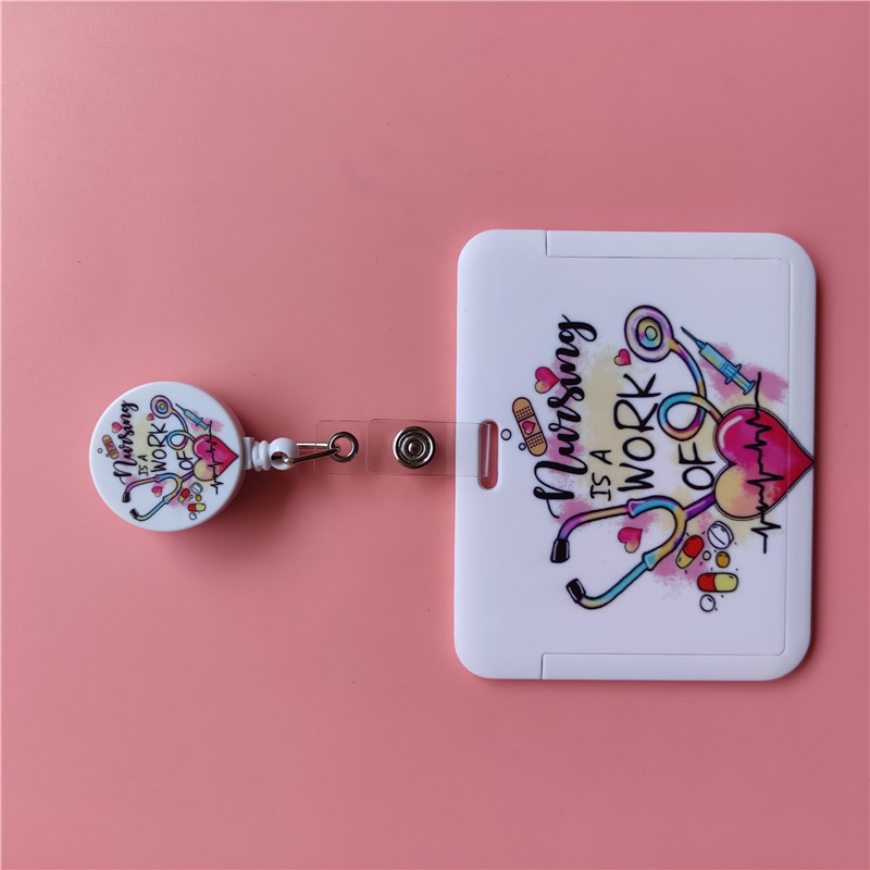 Doctor Nurse Cute Name ID Badge Holder Hard Case with Neck Lanyard Bus Card Holder Keychain Strip Set for Nurse Name Card Case: Pink