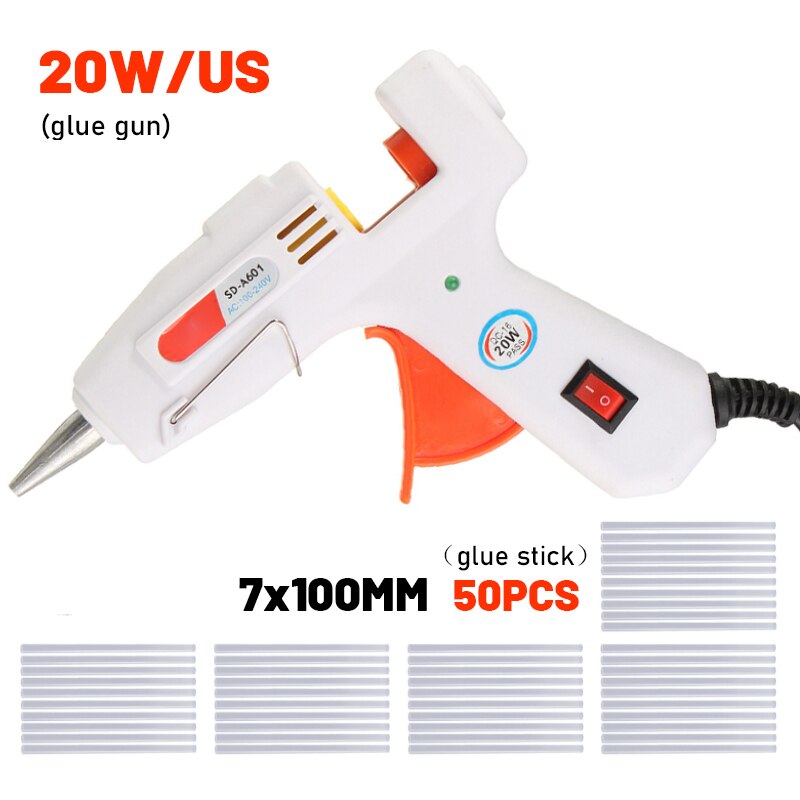 20W Electric Melt Glue Gun Multifunctional Home Mini Glue Gun Electric Heat Temperature Switch Tool with 7x100mm Glue Stick: White with 50Pcs