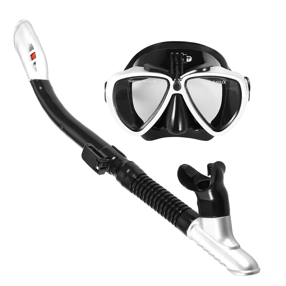 Lixada dykmask scuba snorkel simglasögon torr snorkel tub set män kvinnor anti-dimma dykglasögon för kamera: Vit