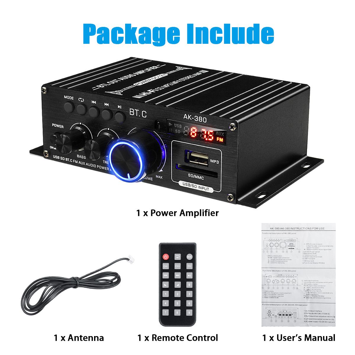 2 Channel Bluetooth 800W Power Amplifier AK380/AK370/AK170 Audio Karaoke Home Theater Amplifier Class D Amplifier USB SD AUX