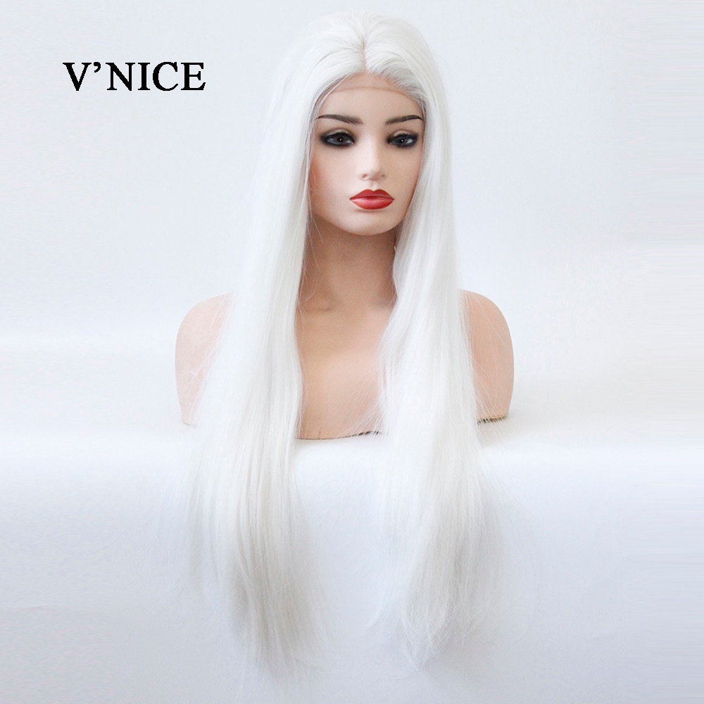 V'NICE Middle Part Platinum Blonde Wig Straight Glueless Synthetic Lace Front Wigs for White Women Heat Resistant Fiber Hair