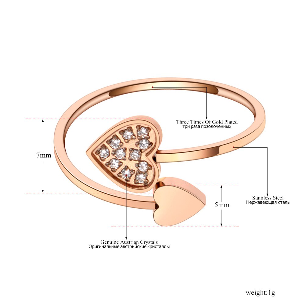 Lokaer Trendy Leuke Romantische Titanium Rvs Liefde Hart Ringen Cz Kristal Dubbele Hart Engagement Ring Voor Vrouwen R20015