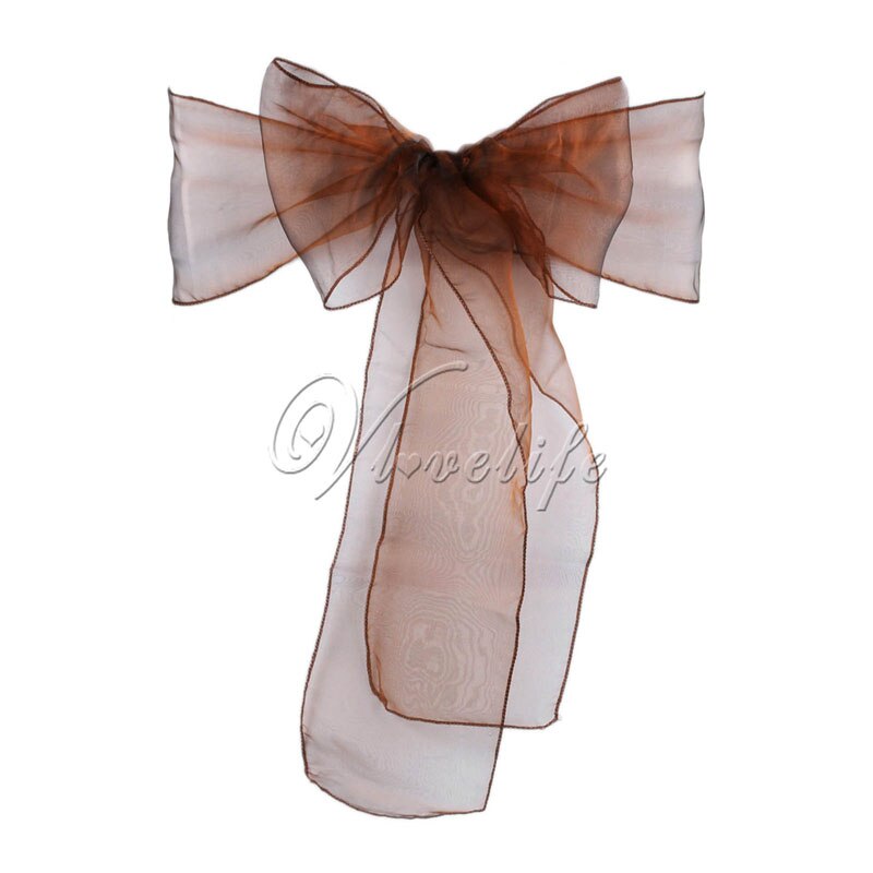 100pcs Chair Sashes Organza Chair Bows Wedding Party Supplies Christmas Valentines Decor Sheer Organza Fabric Chair Decoration: Chocolate Brown
