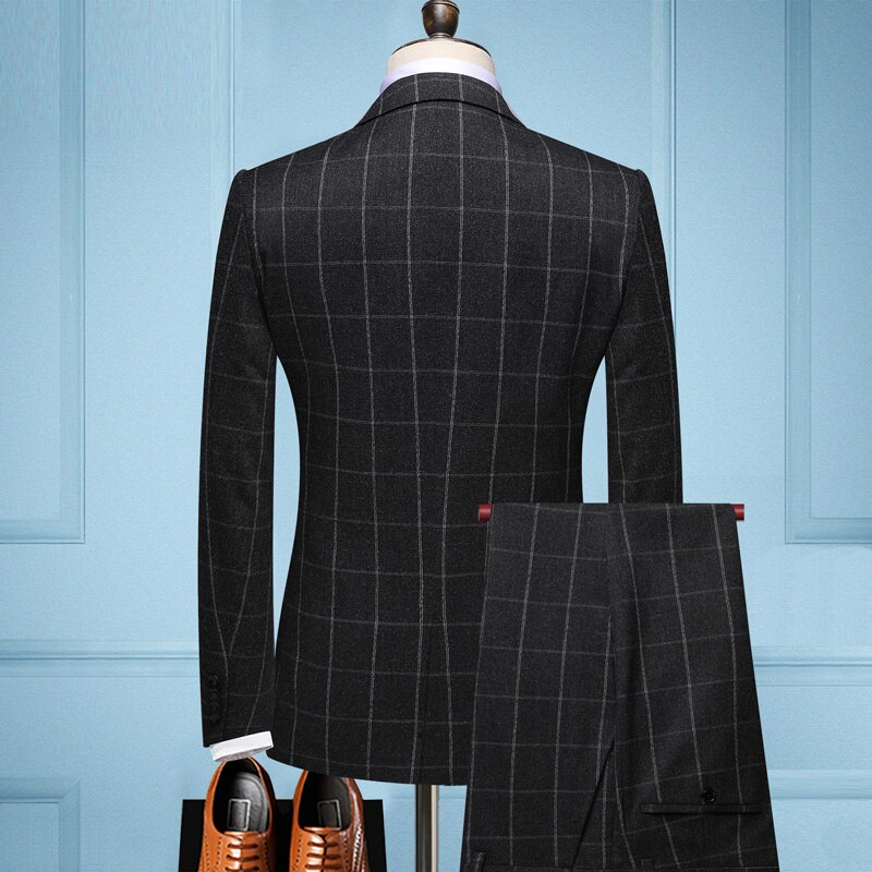 ( Jacket + Vest +Pants ) Boutique Black Plaid Men's Formal Business Suit Three-piece Groom Wedding Dress Party Show Suit