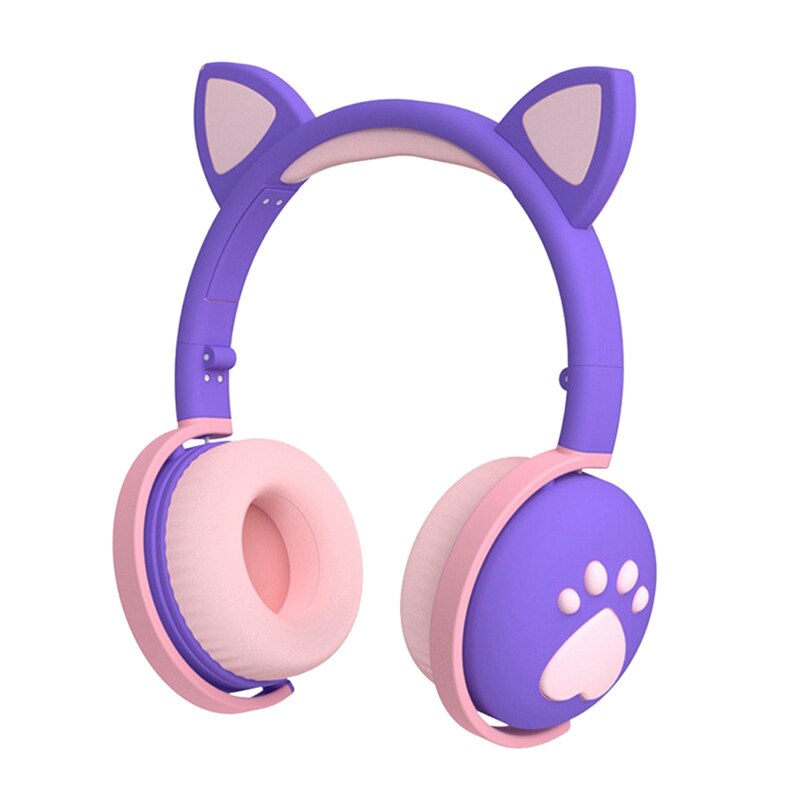 Cat Headset with Mic Kids Bluetooth 5.0 Cute LED Light Noise Stereo: Purple