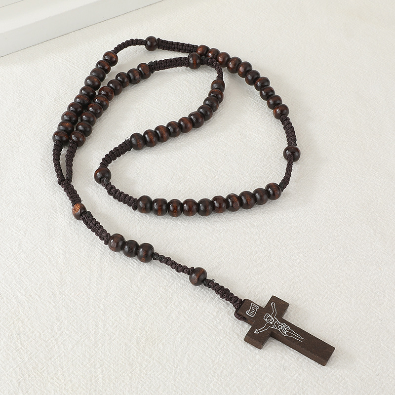 F2 5pcs Wooden Rosary Jesus Imprint Catholic Unisex Style Natural Wooden Bead Cross Rosary Necklace Jewelry For Men Women Light: light green
